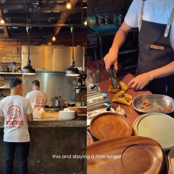 Tequero Tacos open kitchen — staff at work, Edison pendant lights, stainless prep surfaces